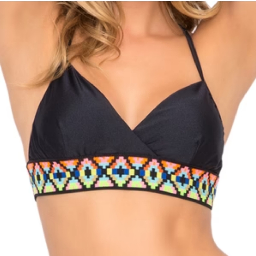 Luli Fama Black Neon Geometric Banded Bikini Top